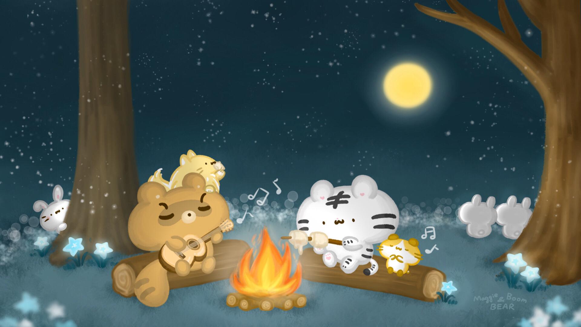 美吉熊與爆爆熊2024年9月桌布，營火晚會