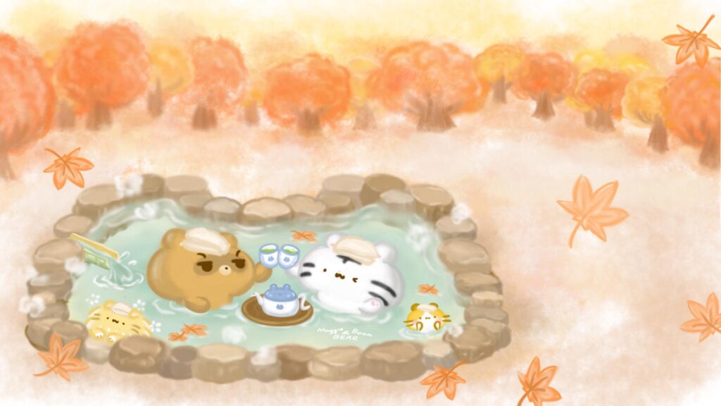美吉熊與爆爆熊2024年11月桌布，秋楓溫泉