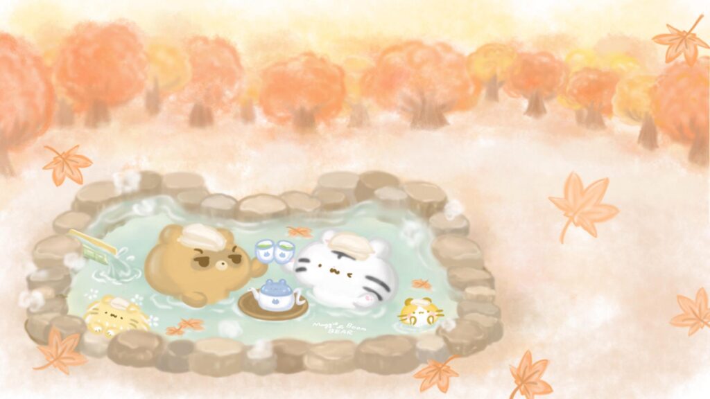 美吉熊與爆爆熊2024年11月桌布，秋楓溫泉