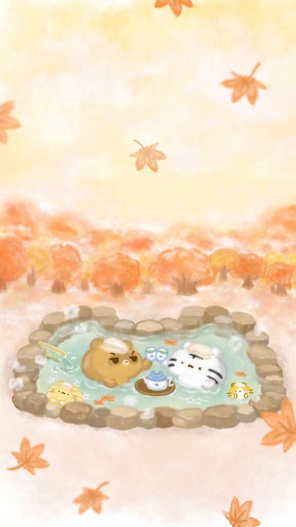 美吉熊與爆爆熊2024年11月桌布，秋楓溫泉