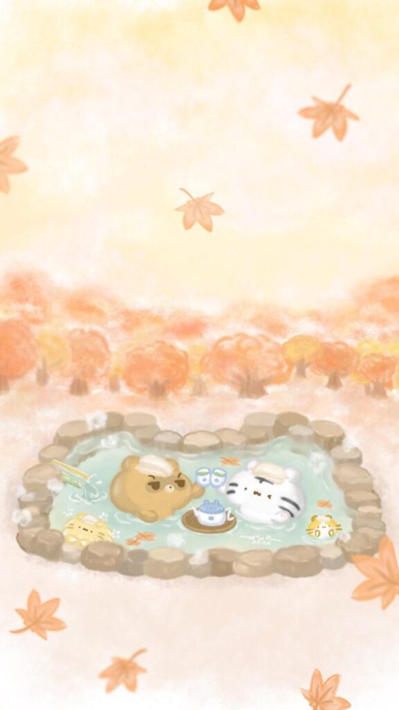 美吉熊與爆爆熊2024年11月桌布，秋楓溫泉