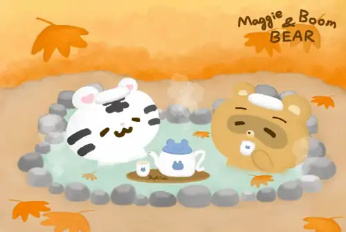 美吉熊與爆爆熊2024年11月桌布，秋楓溫泉四年前做畫