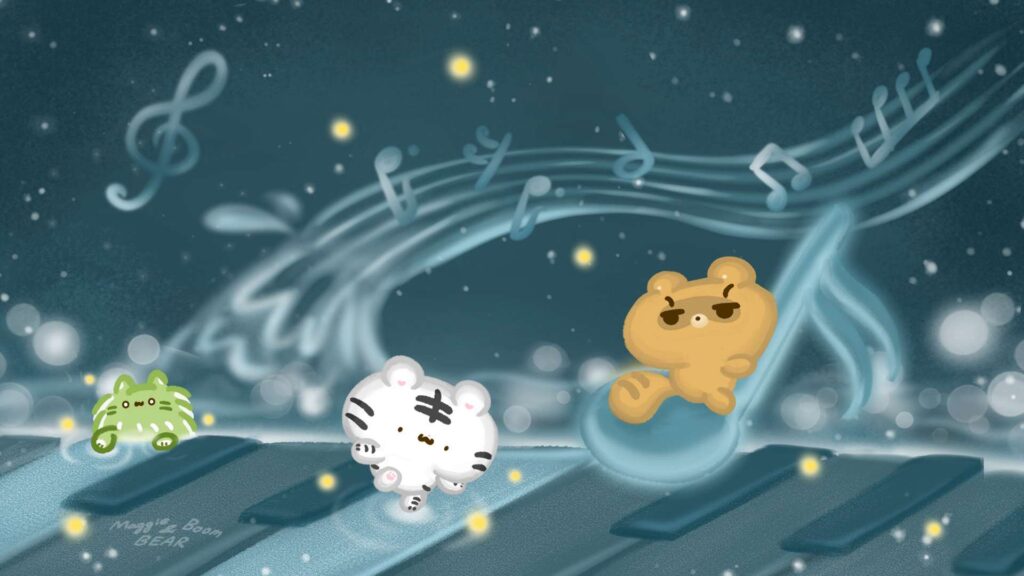 美吉熊與爆爆熊2025年9月桌布，琴樂精靈