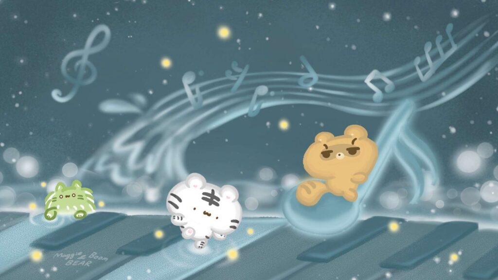 美吉熊與爆爆熊2025年9月桌布，琴樂精靈