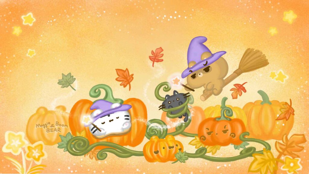 美吉熊與爆爆熊2025年10月桌布，魔法南瓜